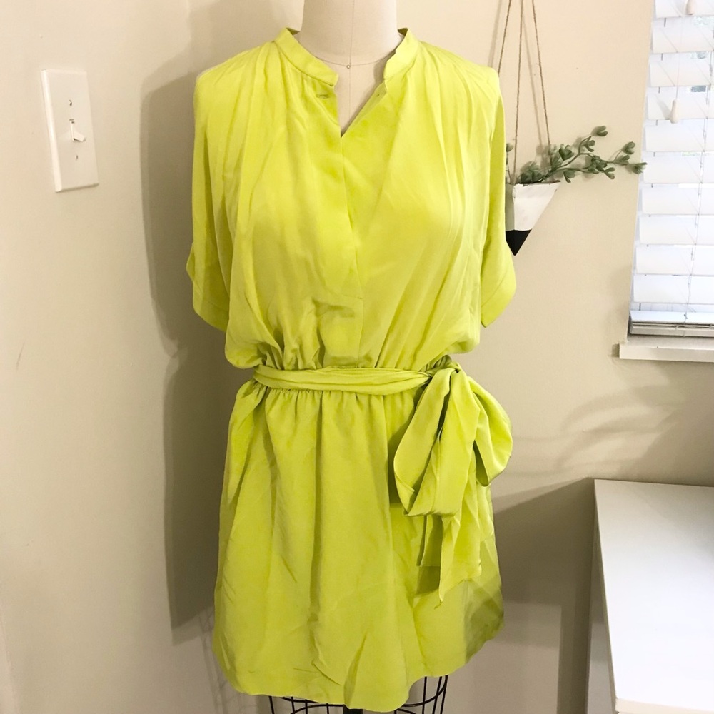 Thayer Bright Yellow Silk Short Sleeve Waist Tie Dress